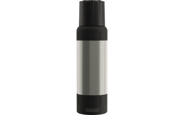 Zylindrischer metallener Behälter, matte silberne Oberfläche, schwarzer Schraubverschluss oben, schwarzer Boden, Markenlogo „SIGG“ am unteren Rand