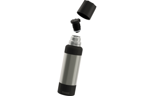 Grau-silberne zylindrische Flasche mit schwarzem Boden, schwarzem Schraubdeckel und abgehobenem Innenverschluss