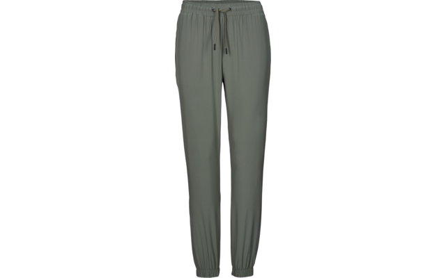 Pantaloni jogger grigio-verdi con vita elastica, coulisse e polsini elastici, vista frontale su sfondo bianco