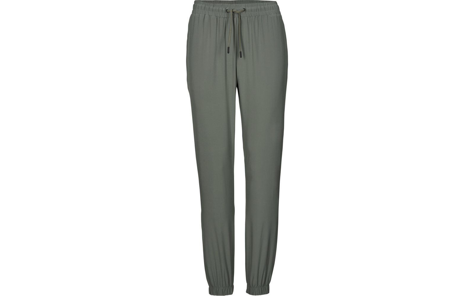 Pantaloni jogger grigio-verdi con vita elastica, coulisse e polsini elastici, vista frontale su sfondo bianco