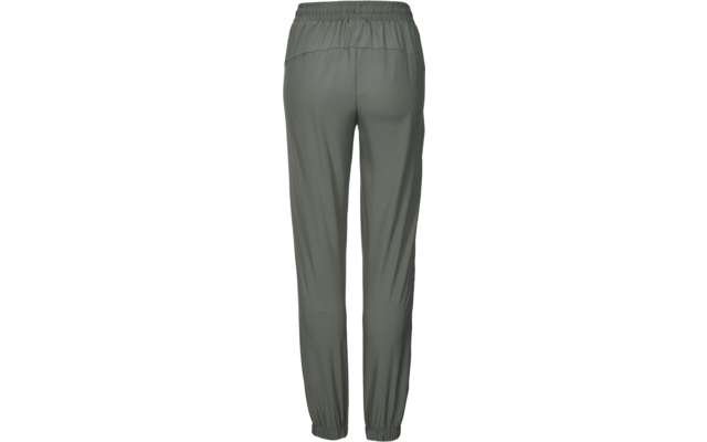 Vista posteriore di pantaloni jogger verde oliva con fascia in vita elastica, cucitura posteriore e polsini elastici alla caviglia