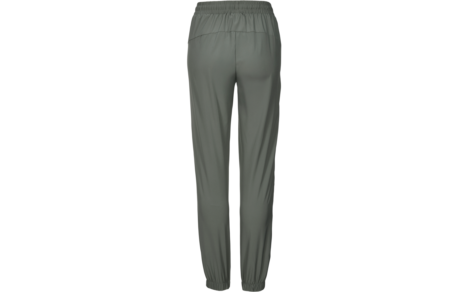 Vista posteriore di pantaloni jogger verde oliva con fascia in vita elastica, cucitura posteriore e polsini elastici alla caviglia