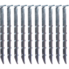 Eleven vertically arranged metal strips with pointed ends and rows of holes on a white background