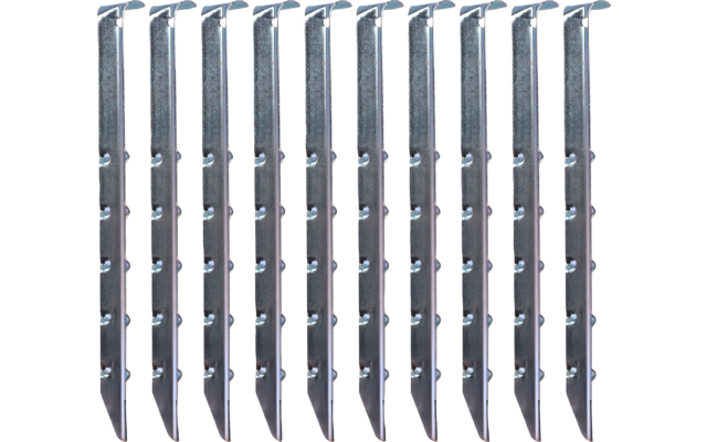 Eleven vertically arranged metal strips with pointed ends and rows of holes on a white background