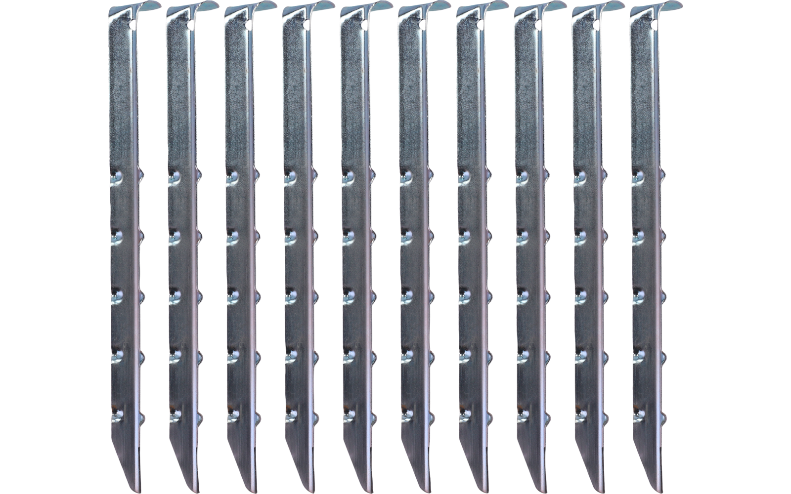Eleven vertically arranged metal strips with pointed ends and rows of holes on a white background