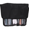 Black fabric pouch with flap and transparent front pocket showing three compartments: left several thin silver metal rods, center coiled white cord and an orange elongated object, right curved silver metal rods