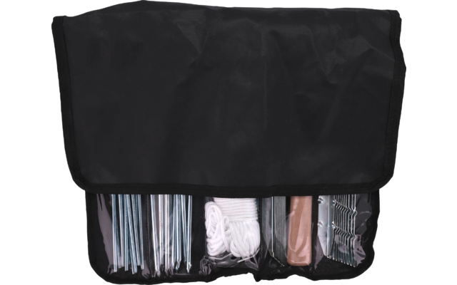 Black fabric pouch with flap and transparent front pocket showing three compartments: left several thin silver metal rods, center coiled white cord and an orange elongated object, right curved silver metal rods