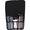 Black fabric pouch with five compartments; left: long curved metal stakes, next: straight metal nails, center: coiled white rope, right: black rubber mallet with wooden handle, beside it curved metal hooks and flat metal plates