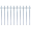 Several vertical metal nails aligned side by side on a white background