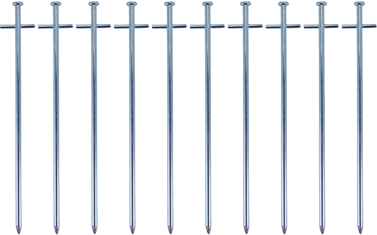 Several vertical metal nails aligned side by side on a white background
