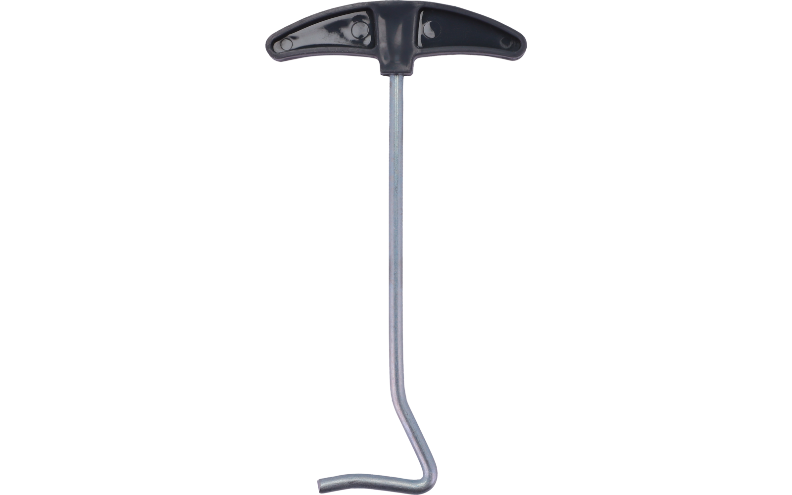 Black T-shaped plastic handle with a long silver metal shaft ending in a bent hook