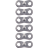 Six flat silver metal plates, each with two round holes and a central raised bump, stacked vertically