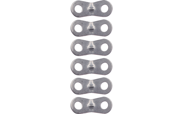 Six flat silver metal plates, each with two round holes and a central raised bump, stacked vertically