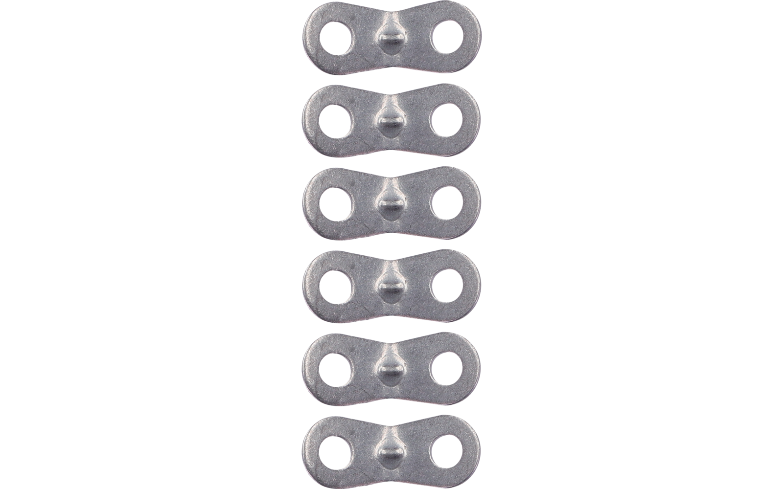 Six flat silver metal plates, each with two round holes and a central raised bump, stacked vertically