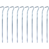 Ten curved silver metal rods with hooked tops arranged side by side on a white background