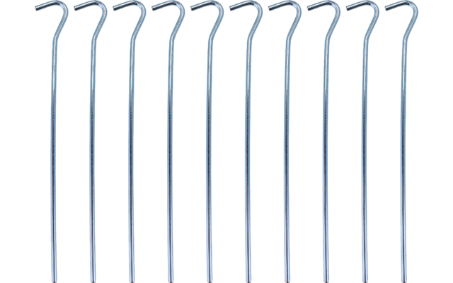 Ten curved silver metal rods with hooked tops arranged side by side on a white background