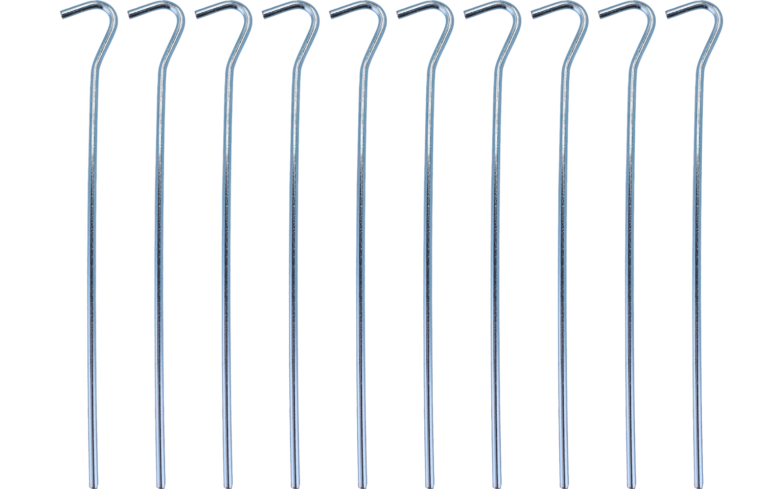 Ten curved silver metal rods with hooked tops arranged side by side on a white background