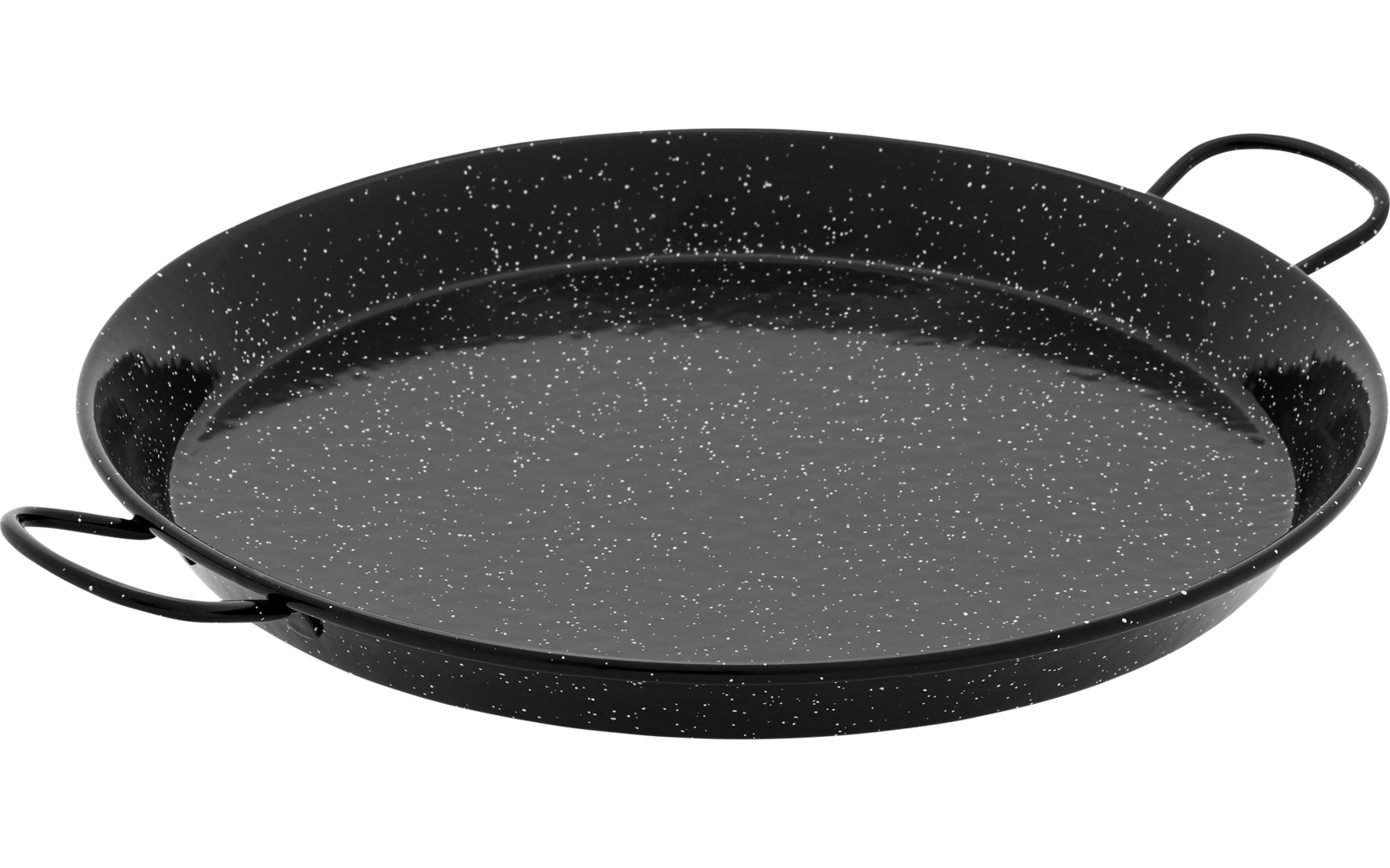 Flache runde schwarze Pfanne mit weiß gesprenkelter Oberfläche und zwei seitlichen Griffen