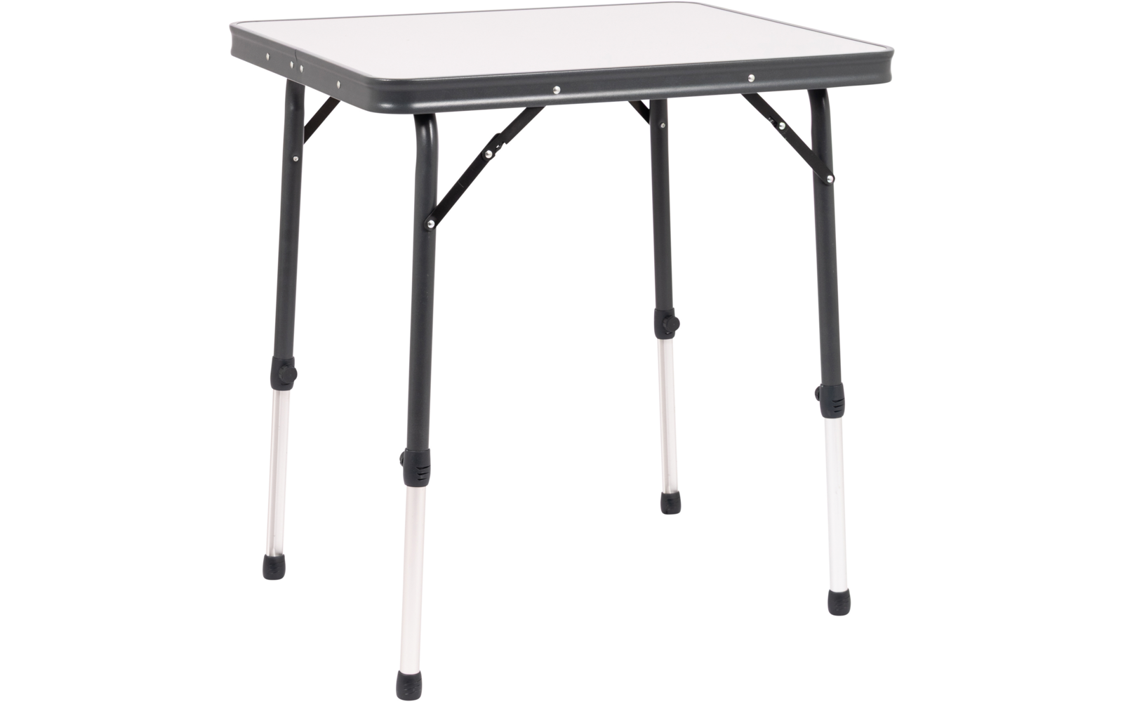 Klappbarer quadratischer Tisch mit schwarzem Gestell und grauer Tischplatte