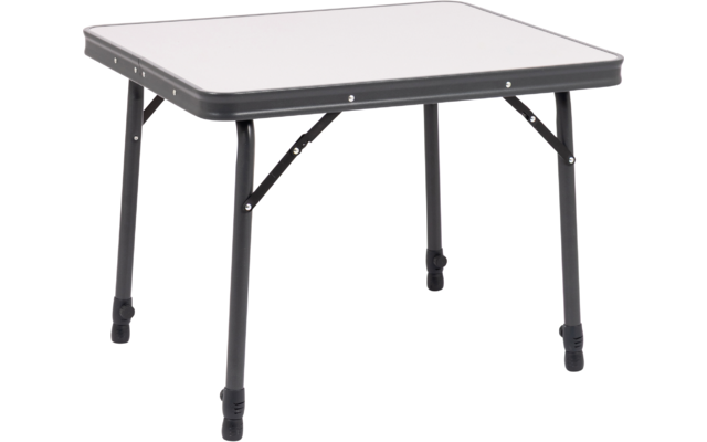 Kleine rechthoekige opvouwbare tafel met wit blad, zwarte rand, vier zwarte metalen poten met verstevigingen en rubberen voetjes