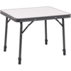 Kleine rechthoekige opvouwbare tafel met wit blad, zwarte rand, vier zwarte metalen poten met verstevigingen en rubberen voetjes