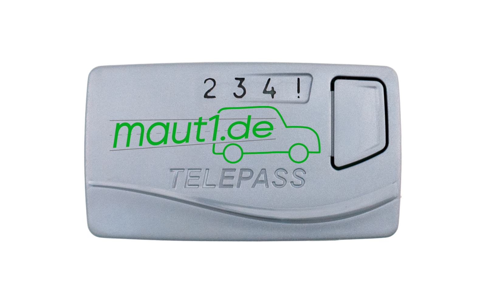 Silbernes rechteckiges Objekt mit grünem Schriftzug 'maut1.de' über einer Auto-Silhouette, eingeprägtem 'TELEPASS'-Schriftzug, den Zahlen '2 3 4 !' oben und einem schwarzen Rechteck rechts