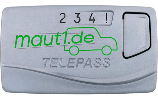 Silbernes rechteckiges Objekt mit grünem Schriftzug 'maut1.de' über einer Auto-Silhouette, eingeprägtem 'TELEPASS'-Schriftzug, den Zahlen '2 3 4 !' oben und einem schwarzen Rechteck rechts