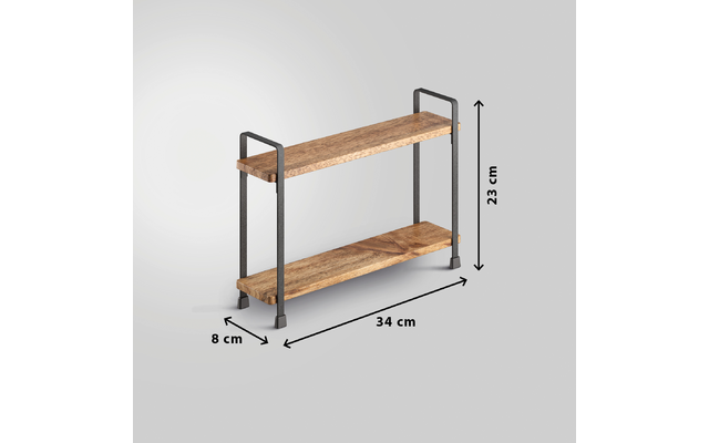 Zweistöckiges Regal mit zwei Holzablagen und schwarzem Metallrahmen; Pfeile mit Maßen 34 cm (Breite), 8 cm (Tiefe), 23 cm (Höhe); grauer Hintergrund