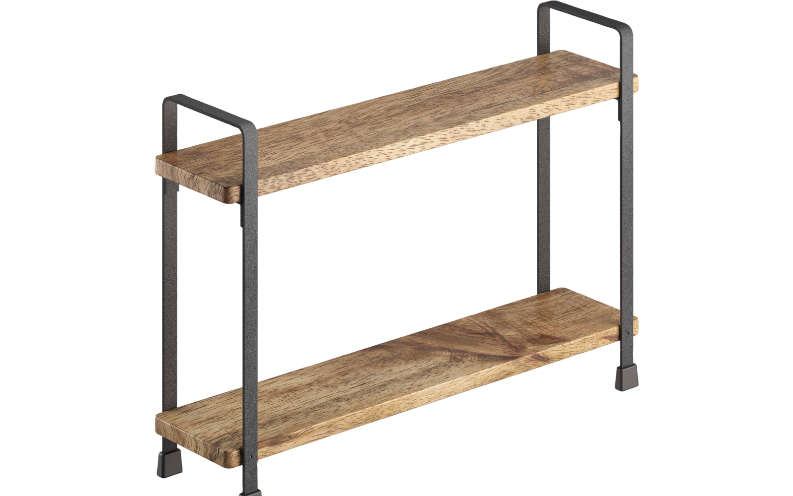 Zweistöckiges Regal mit zwei Holzbrettern und schwarzem Metallgestell