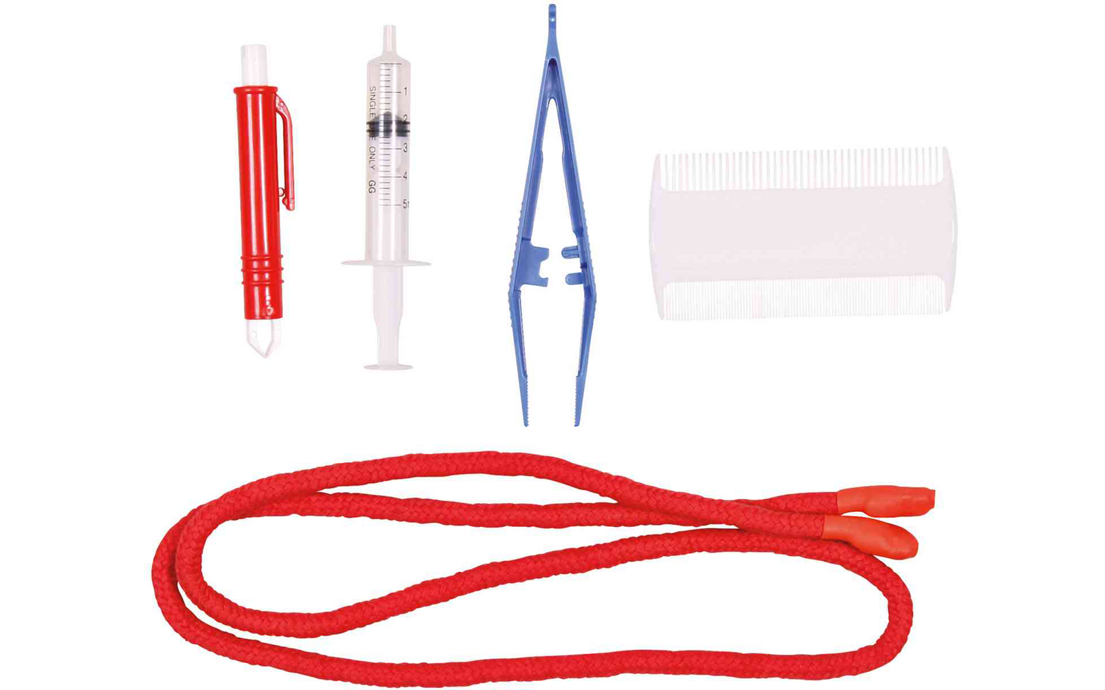 Rotes Schnürband, roter Stift, silberner Stift, blaue Pinzette und ein durchsichtiges Plastikstück auf weißem Hintergrund