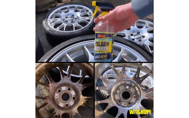 Hand hält eine Flasche Reifenreiniger vor mehreren Autoreifen mit Felgen