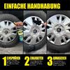 Drei Bilder von Reifenfelgen mit Handhabungsschritten, gelber Text 'Einfache Handhabung'