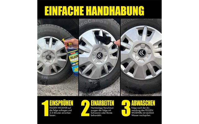 Drei Bilder von Reifenfelgen mit Handhabungsschritten, gelber Text 'Einfache Handhabung'