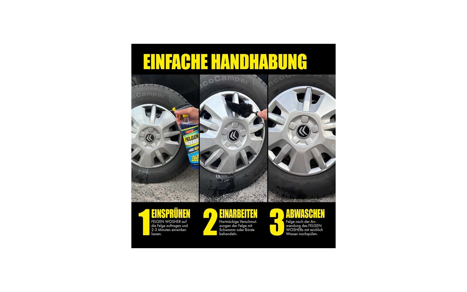 Drei Bilder von Reifenfelgen mit Handhabungsschritten, gelber Text 'Einfache Handhabung'