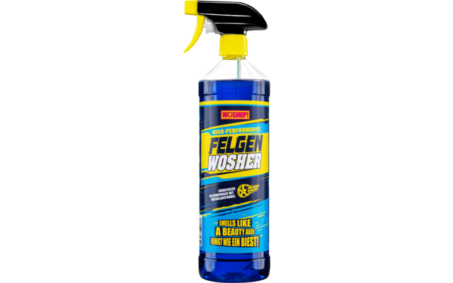 Eine blaue Kunststoffflasche mit gelbem Sprühaufsatz und Etikett mit der Aufschrift Felgen Wischer
