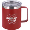 Red insulated mug with handle and transparent plastic lid, white print with mountain silhouette, trees, small vehicle, text 'camp life', 'berger est. 1958' and two crossed arrows
