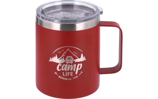 Red insulated mug with handle and transparent plastic lid, white print with mountain silhouette, trees, small vehicle, text 'camp life', 'berger est. 1958' and two crossed arrows