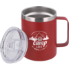 Red metal mug with handle and silver rim; transparent plastic lid beside it. White printed graphic on the mug showing mountains, trees, a vehicle and the text 'camp life berger est. 1959'