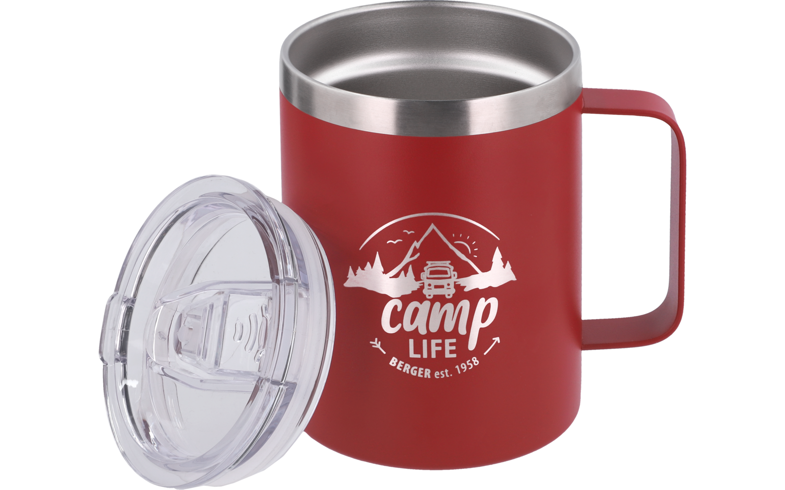 Red metal mug with handle and silver rim; transparent plastic lid beside it. White printed graphic on the mug showing mountains, trees, a vehicle and the text 'camp life berger est. 1959'