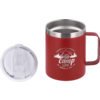 Red insulated mug with handle, silver interior rim and white "camp life" logo showing mountains and a camper illustration; clear removable plastic lid to the left