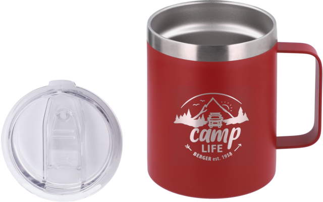 Red insulated mug with handle, silver interior rim and white "camp life" logo showing mountains and a camper illustration; clear removable plastic lid to the left