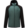 Jacke mit Kapuze, gesteppte türkis-grüne Vorderseite, schwarze Ärmel und Seiten, durchgehender Reißverschluss