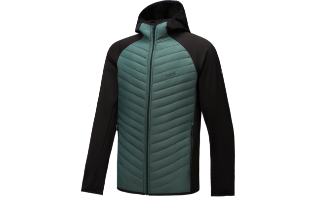 Kapuze, langärmlige Jacke mit durchgehendem Reißverschluss, gesteppte grüne Vorderseite, schwarze Ärmel und Kapuze, zwei seitliche Reißverschlusstaschen, kleines Logo auf der Brust