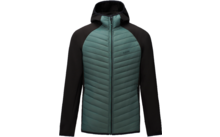 Jacke mit Kapuze, gesteppte türkis-grüne Vorderseite, schwarze Ärmel und Seiten, durchgehender Reißverschluss