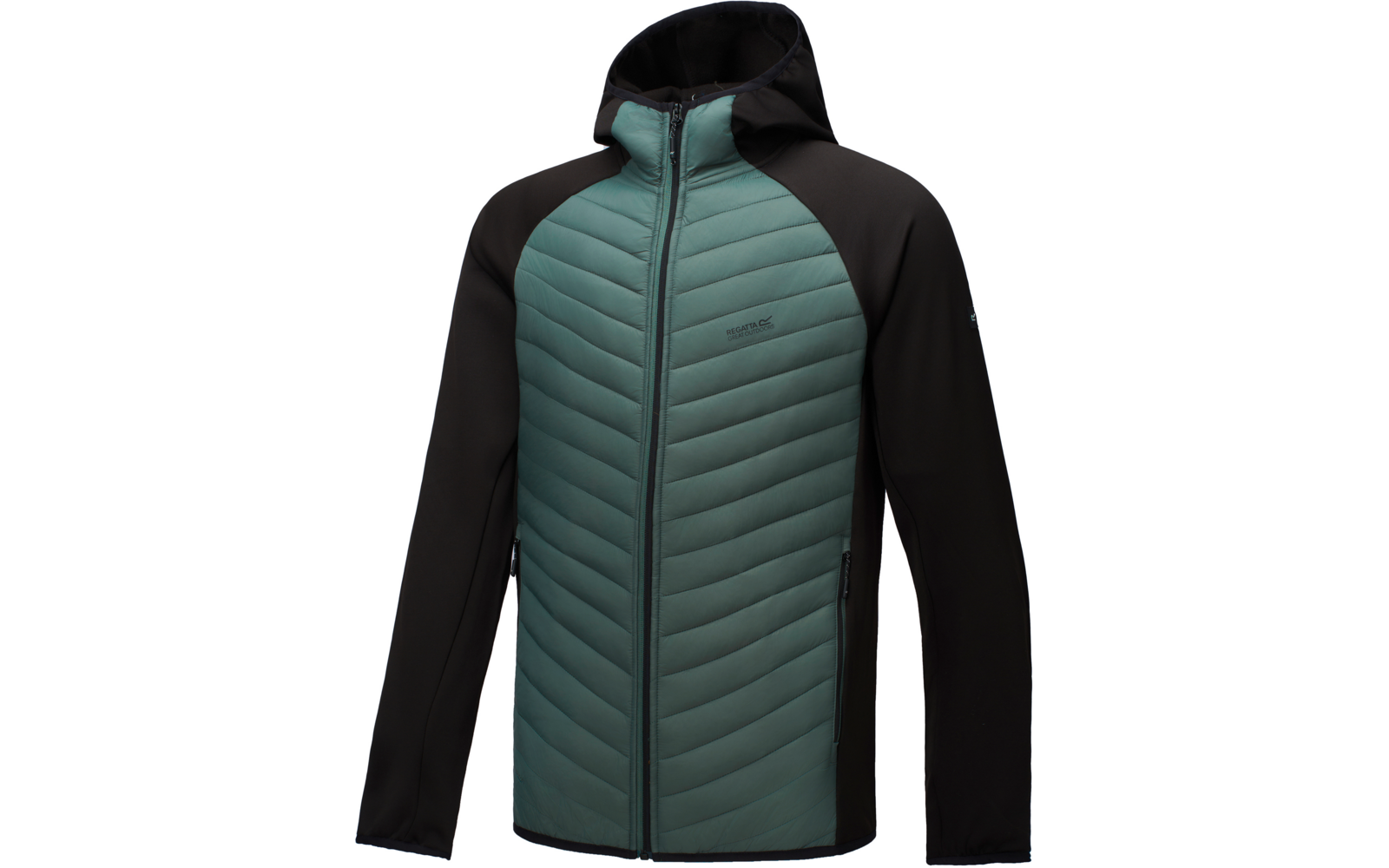 Kapuze, langärmlige Jacke mit durchgehendem Reißverschluss, gesteppte grüne Vorderseite, schwarze Ärmel und Kapuze, zwei seitliche Reißverschlusstaschen, kleines Logo auf der Brust