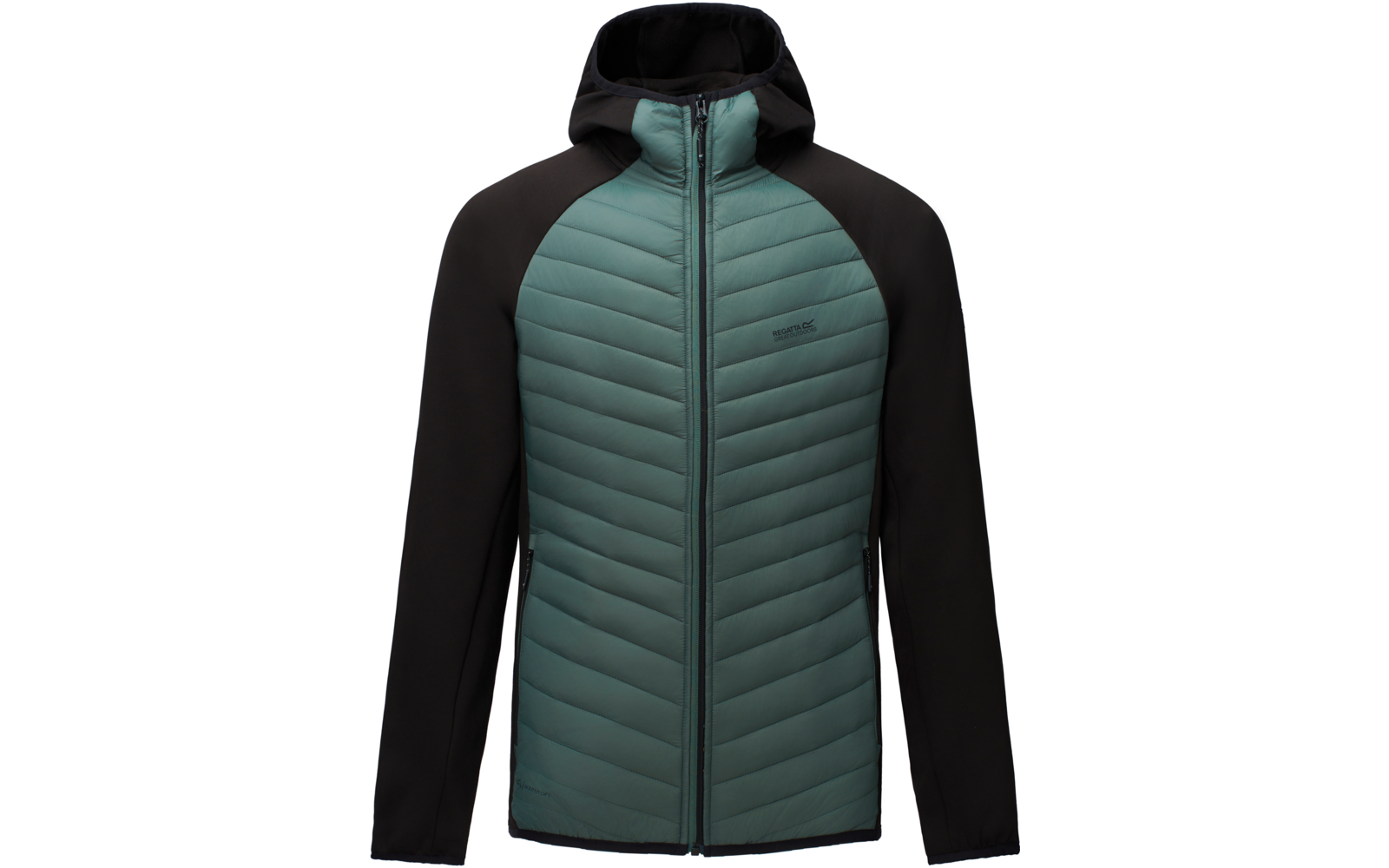Jacke mit Kapuze, gesteppte türkis-grüne Vorderseite, schwarze Ärmel und Seiten, durchgehender Reißverschluss