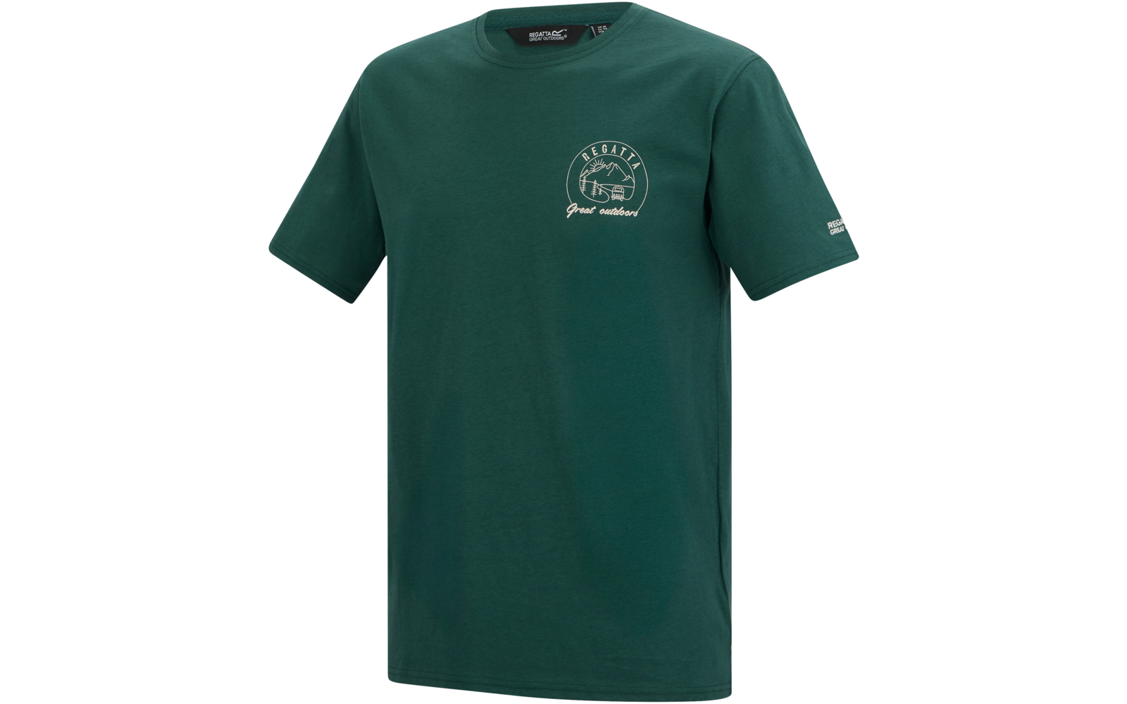 Dunkelgrünes T-Shirt mit kurzen Ärmeln und Rundhalsausschnitt, kleines weißes rundes Logo mit Bergmotiv und Text auf der linken Brust