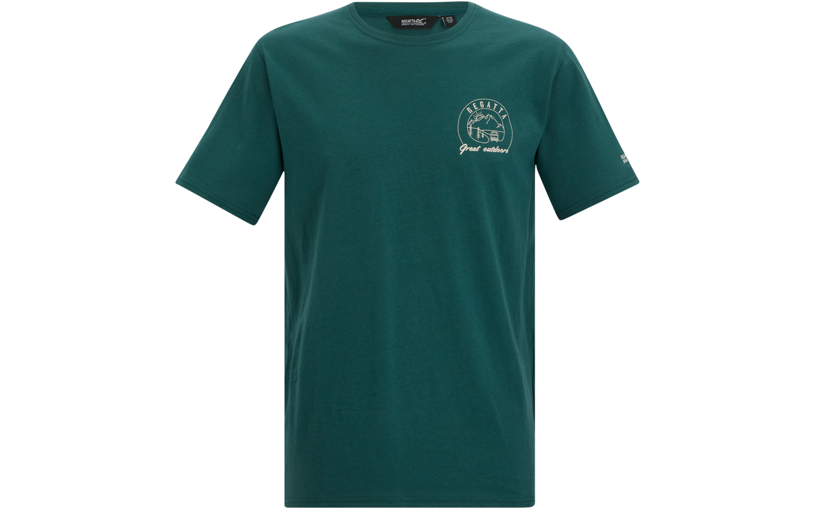 Dunkelgrünes T‑Shirt mit kurzen Ärmeln und Rundhalsausschnitt, weiße runde Brustgrafik links mit Linienzeichnung eines Segelboots und Text, kleines weißes Logo am linken Ärmel