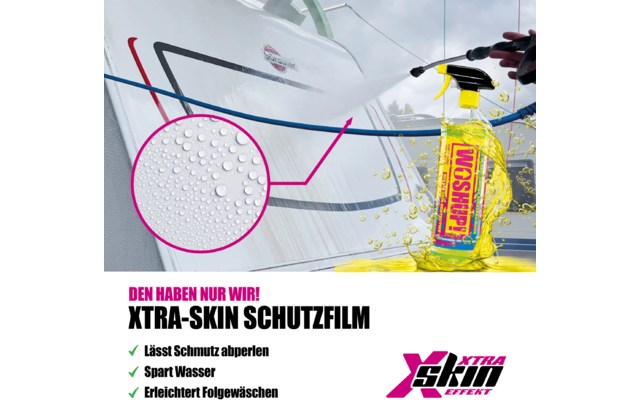 Nahaufnahme einer Sprayflasche, die pinke und blaue Linien auf eine weiße Oberfläche sprüht