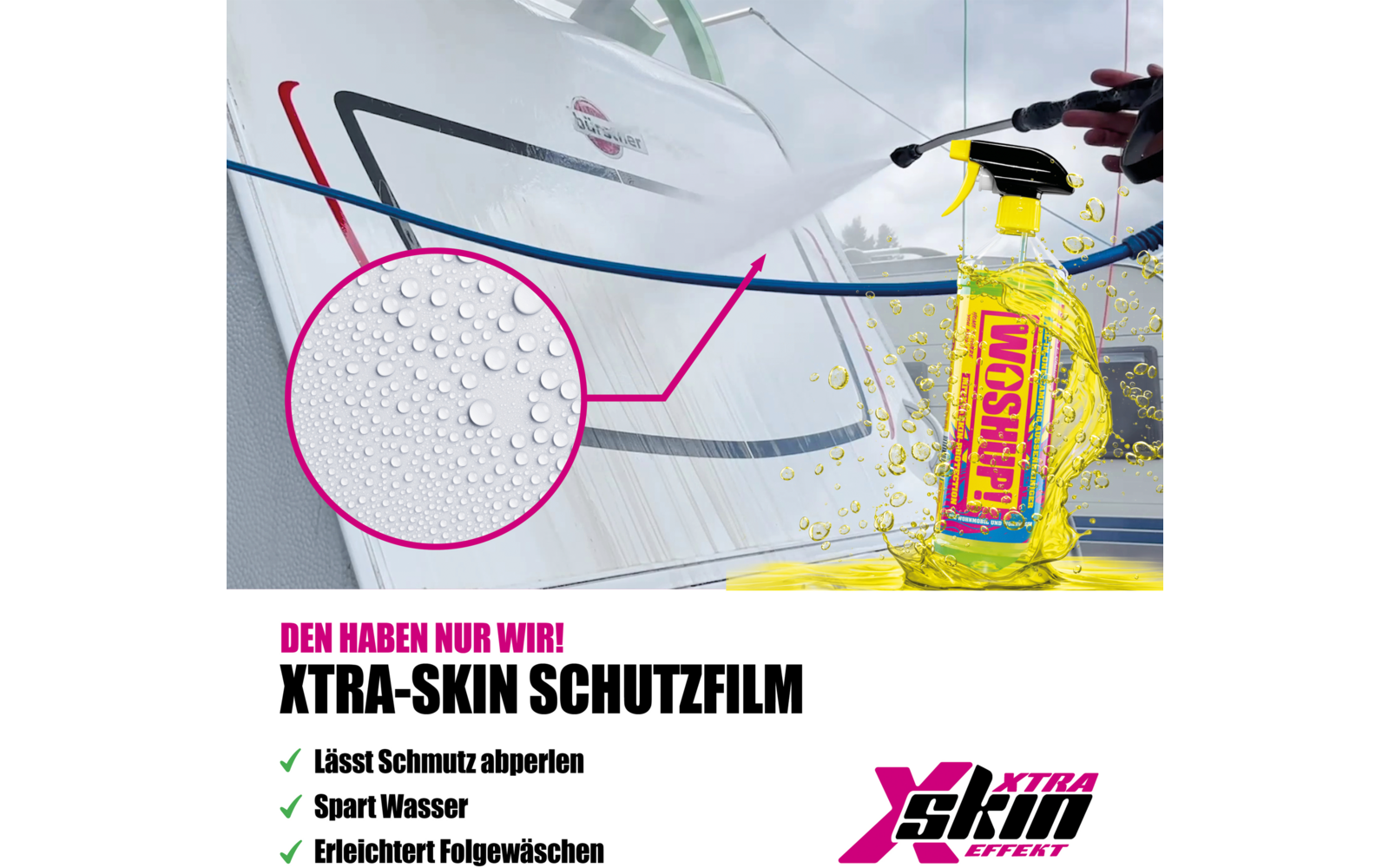 Nahaufnahme einer Sprayflasche, die pinke und blaue Linien auf eine weiße Oberfläche sprüht